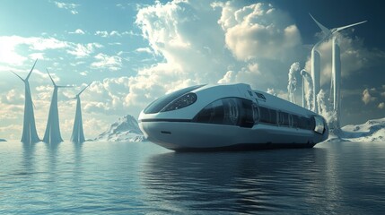 Fototapeta premium Futuristic white high-speed train floats on calm water near wind turbines in a snowy landscape under a bright sky.