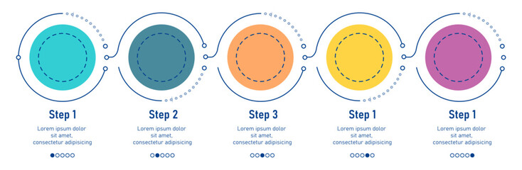 Blank infographics template featuring a fivestep process diagram with colorful connected ovals. Ideal for visual presentations, data analysis, and workflow designs.