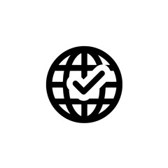 Rounded earth grid icon with a checkmark overlay symbolizing validation and international reach