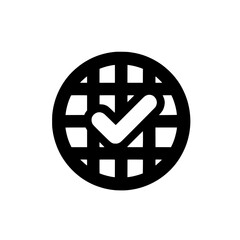 Digital globe icon with a checkmark indicating global approval, success, or verification