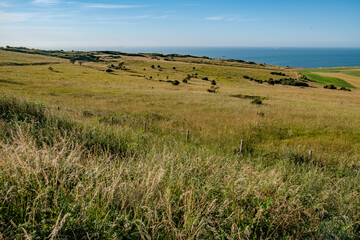 Cap Blanc-Nez, Escalles, Pas-de-Calais, Hauts-de-France, France, July 29th, 2025, A breathtaking view of lush green grassy hillsides beautifully overlooking the tranquil ocean under a clear blue sky