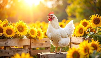 Majestic White Chicken Amidst a Vibrant Sunflower Field at Sunrise