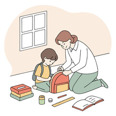 A mother helping her son pack his backpack for school with books and supplies on the floor near a window