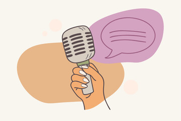 Podcast Poster With Woman Hand Holding Studio Microphone Recording