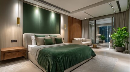 Fototapeta premium modern master bedroom in emerald and champagne with ceiling spotlights creating dramatic top-down shadows, silk bedspread textures and