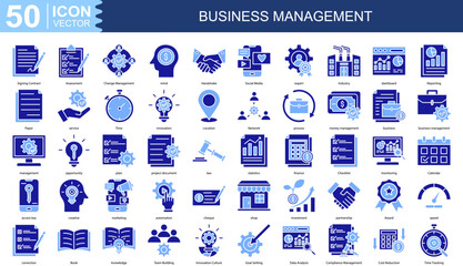 Business Management icon collection set. Containing Signing Contract, Assessment, Change Management, mind, Handshake, Social Media, expert icon