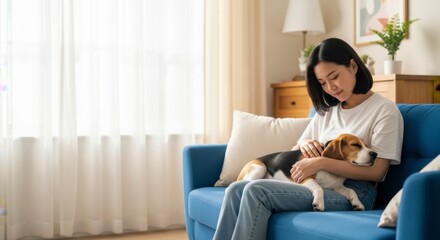 Obraz premium Comforting Moments Woman Cuddling Beagle on Sofa in Cozy Living Room Capturing Emotions Domestic Environment Intimate Viewpoint