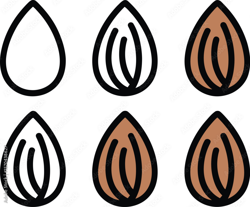 Poster six almond icons in a row showing the process of filling in the almond with color on a white backgro