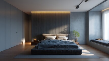 modern master bedroom with granite gray and indigo, top-down light bar casting soft light beam, velvet bedspread texture,