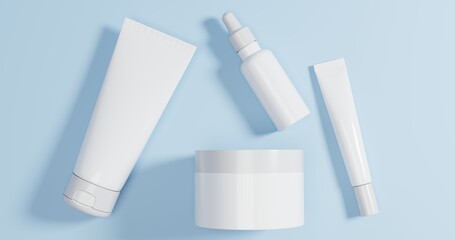 Minimalist 3D beauty product mockup set blank bottles, jar, tubes. Ideal for cosmetic and skincare branding