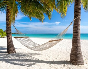 Relaxing Beach Scene With Hammock Under Palm Trees
