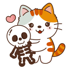 Cat hugs a skeleton