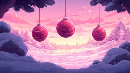 Three glittering Christmas tree ornaments hang from a rope against a snowy landscape at New Year.