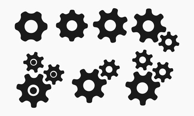 Seamless pattern of gear icons in a flat black-and-white style. Ideal for backgrounds, websites, technology-related themes, and engineering visuals.