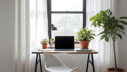 Fototapeta premium Modern Home Office Workspace with Plants and Laptop