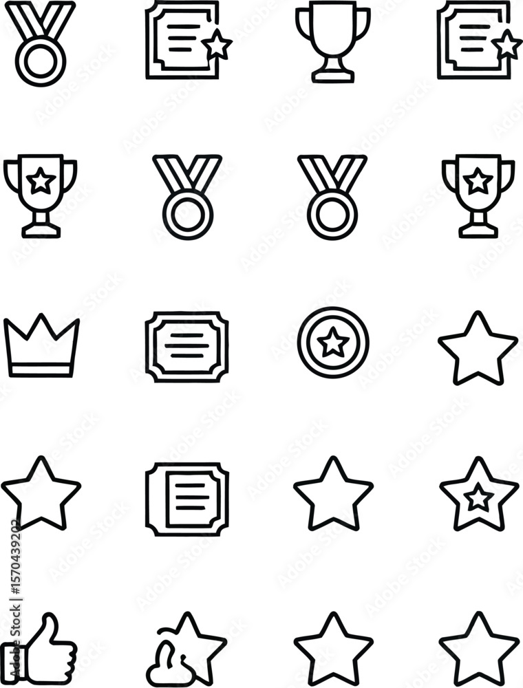 Poster array of white squares with black line icons of awards and achievements on a white background with s