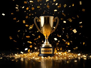 Golden winner trophy surrounded by falling confetti and glitter on a dark background