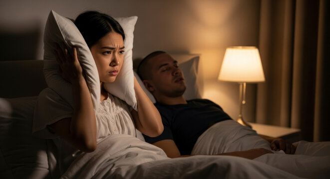 Disturbed Sleep at Night, Frustrated Woman Covering Ears from Snoring Partner, Relationship Challenges, Noise Issues, Stress, and Seeking Restful Nighttime Peace in Bedroom Setting
