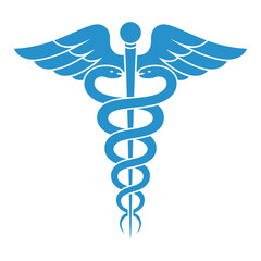 Minimalist light blue caduceus symbol on white background

