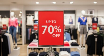 Fototapeta premium Massive Discount Event Clothing Store Sale Shopping Mall Promotional Display Retail Environment Wide Angle View Consumer Savings Concept