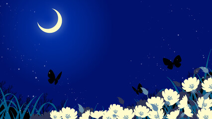 三日月の夜、月見草の花畑に蝶が飛ぶイラスト © 時々雨