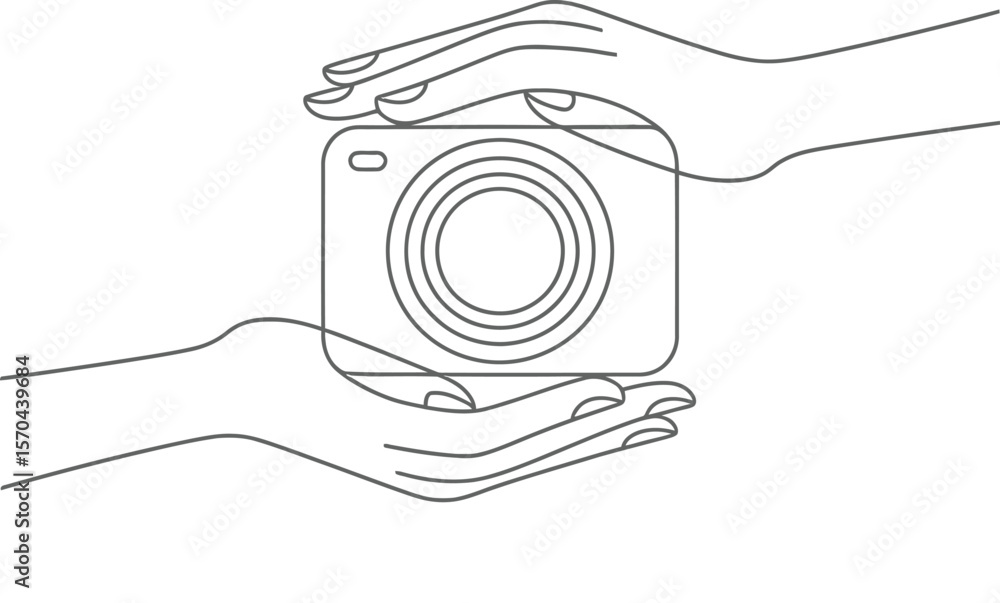 Poster line art of camera held by two hands on a white background with light shining on the background