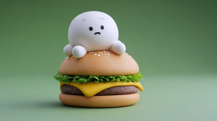 A delightful cartoon character sits atop a juicy burger, rendered in soft pastel colors against a pleasant light green backdrop.