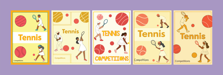 Tennis and International Sports Games – Flat Vector A4 Flyer Set Featuring Male and Female Players, Court, Rackets, Balls, Sneakers – Perfect for Minimal Poster, Flyer, Cover or Background Design