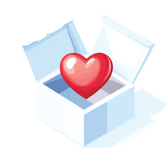 isometric vector icon of heart and open box, in color on white background, donations and charity, vector style simple color