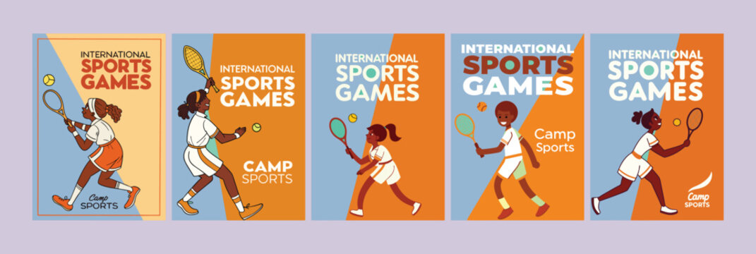Tennis and International Sports Games – Flat Vector A4 Flyer Set Featuring Male and Female Players, Court, Rackets, Balls, Sneakers – Perfect for Minimal Poster, Flyer, Cover or Background Design