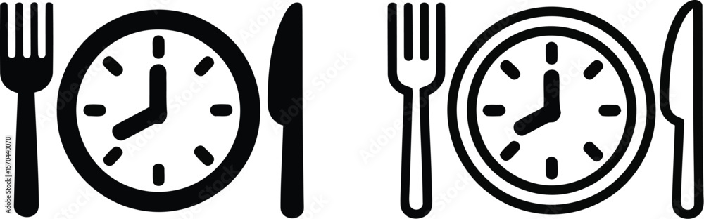 Poster a graphic showing two sets of a plate with a clock on it, a fork, and a knife on a light gray backgr