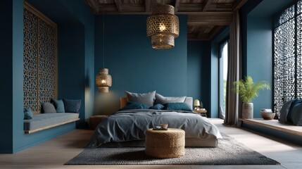 Fototapeta premium Moroccan-inspired master bedroom with deep teal and gold palette, intricate patterns under angled light casting lattice shadows, ceramic