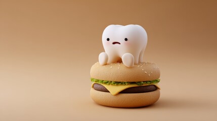 Cartoon tooth rests atop a juicy burger, a whimsical representation of dental health and dietary choices.