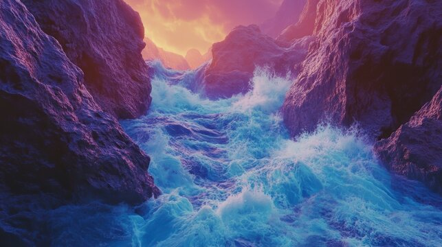 Turbulent river flowing through a narrow canyon at sunset. - Powered by Adobe