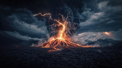 Explosive volcanic lightning storm over a massive lava lake, electric discharges illuminating the dark volcanic ash