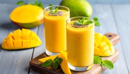 Mango Smoothie in Tall Glass with Chia Seeds 