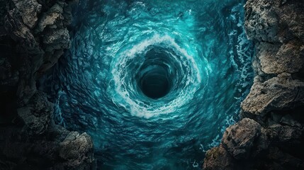 Giant whirlpool forming in the middle of the ocean, pulling ships and sea monsters into its depths