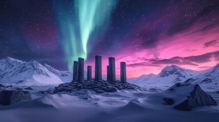 Glowing aurora borealis over an icy wasteland, frozen ruins of an ancient civilization buried under the snow