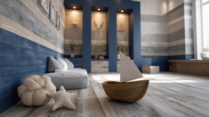 nautical-themed kid room with navy and sand-colored stripes, top-down lighting over weathered wood flooring creating detailed light falloff,