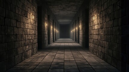 Mazelike dungeon with everchanging corridors, mysterious symbols on the walls, and hidden doors requiring secret keys