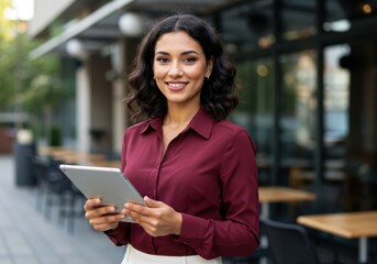 Smiling businesswoman holding a tablet computer while standing outside a modern building with outdoor seating