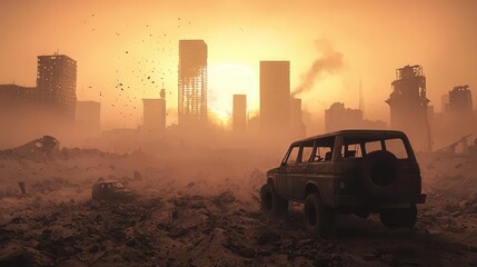 Postapocalyptic wasteland with ruined skyscrapers, abandoned vehicles, and dust storms, open world survival