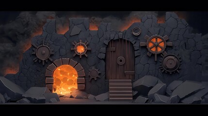 Steampowered fortress dungeon with bronze walls, intricate clockwork mechanisms, and glowing energy cores
