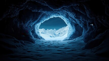 Subterranean ice cave dungeon with luminescent ice crystals, hidden tunnels, and the distant howl of an unknown beast