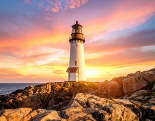 Lighthouse At Sunset Over Rocky Coast