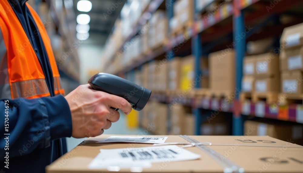 Poster storage area concept. warehouse worker scanning package with barcode reader.