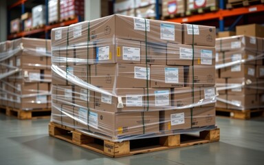 Storage area concept. Pallet of boxed goods wrapped for storage in a warehouse setting.