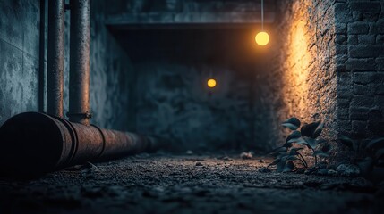 Underground factory dungeon with rusted pipes, flickering industrial lights, and mysterious shadowy figures