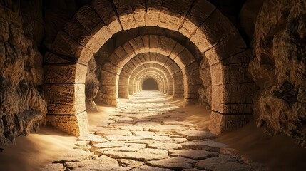 Underground labyrinth with endless twisting tunnels, ancient carvings, and hidden treasure chests