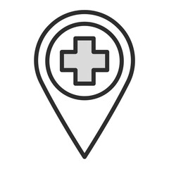 Obraz premium vector icon of a location map pin with a medical cross inside, representing a hospital, clinic, emergency room, pharmacy, first aid, or health services GPS navigation point
